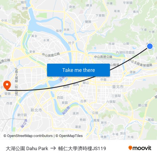 大湖公園 Dahu Park to 輔仁大學濟時樓JS119 map