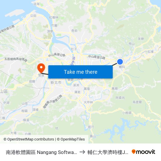 南港軟體園區 Nangang Software Park to 輔仁大學濟時樓JS119 map