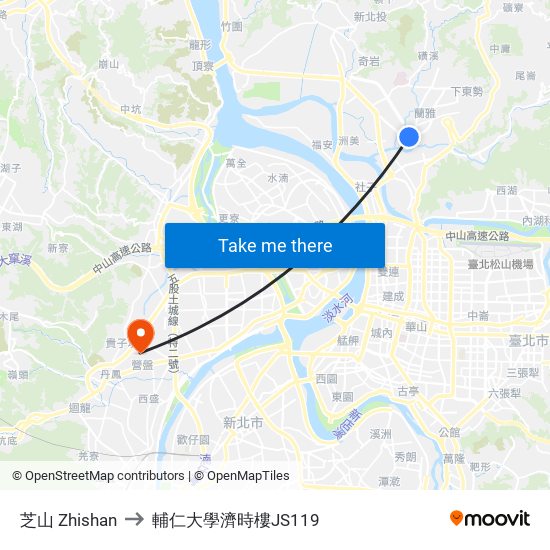 芝山 Zhishan to 輔仁大學濟時樓JS119 map