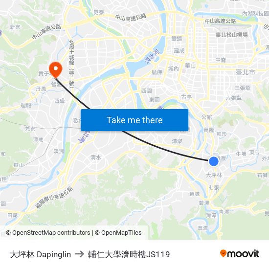 大坪林 Dapinglin to 輔仁大學濟時樓JS119 map