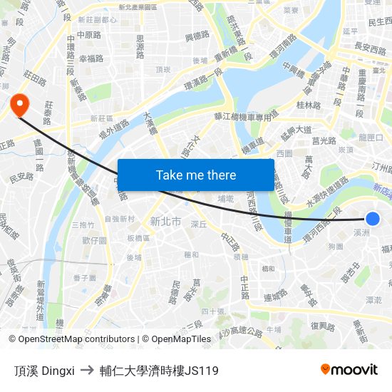 頂溪 Dingxi to 輔仁大學濟時樓JS119 map