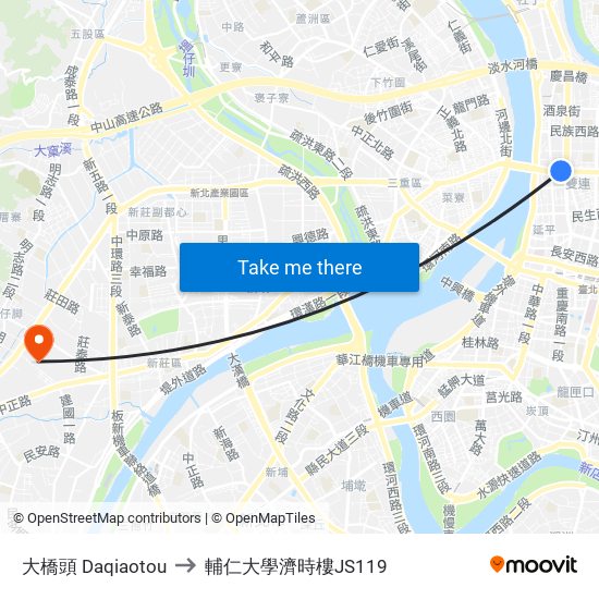 大橋頭 Daqiaotou to 輔仁大學濟時樓JS119 map