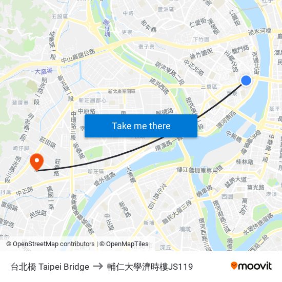台北橋 Taipei Bridge to 輔仁大學濟時樓JS119 map