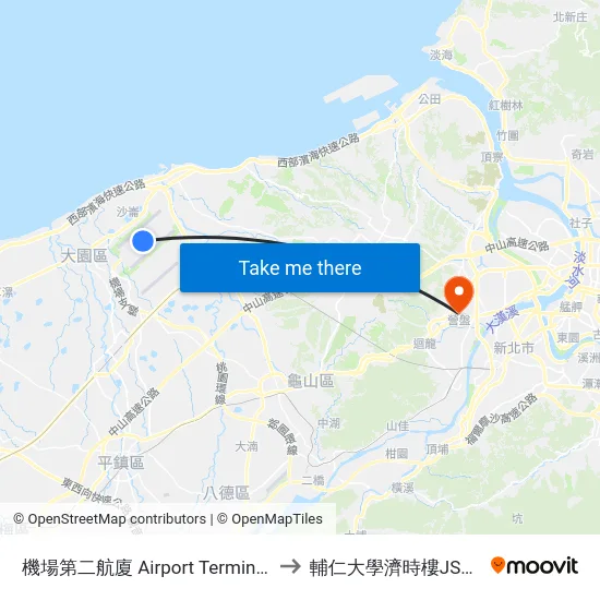 機場第二航廈 Airport Terminal 2 to 輔仁大學濟時樓JS119 map