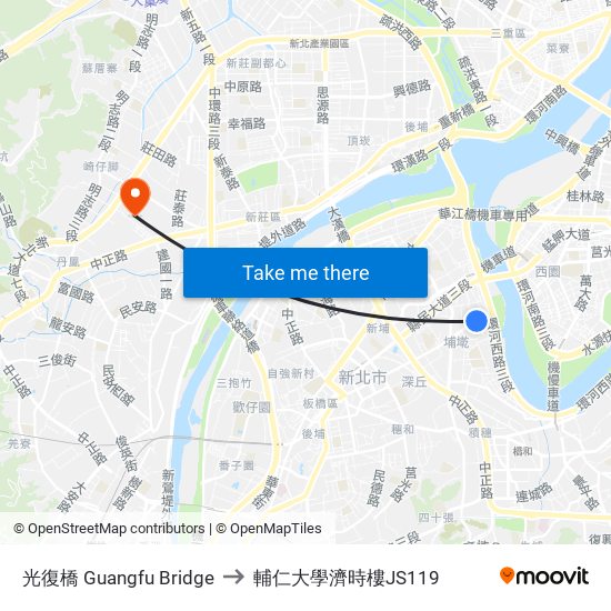 光復橋 Guangfu Bridge to 輔仁大學濟時樓JS119 map