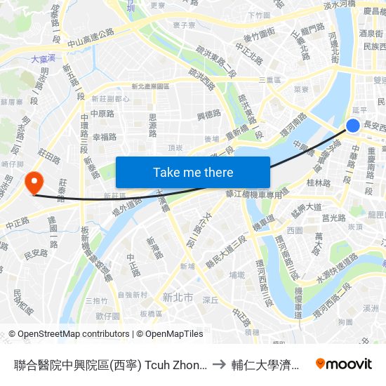 聯合醫院中興院區(西寧) Tcuh Zhongxin Branch (Xining) to 輔仁大學濟時樓JS119 map