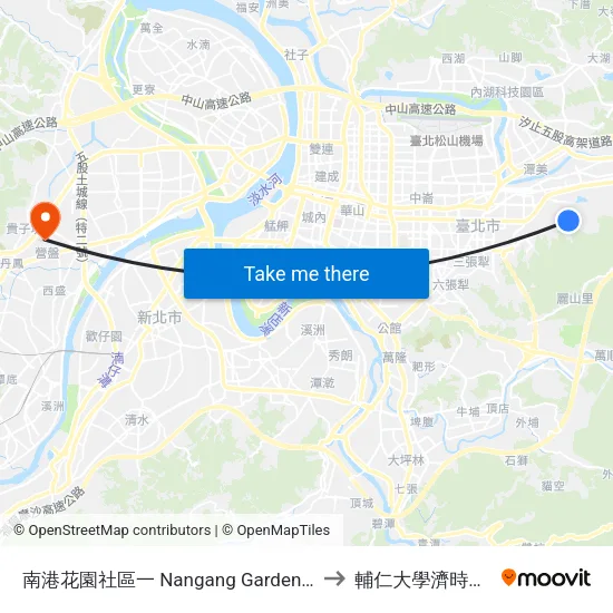 南港花園社區一 Nangang Garden Community 1 to 輔仁大學濟時樓JS119 map