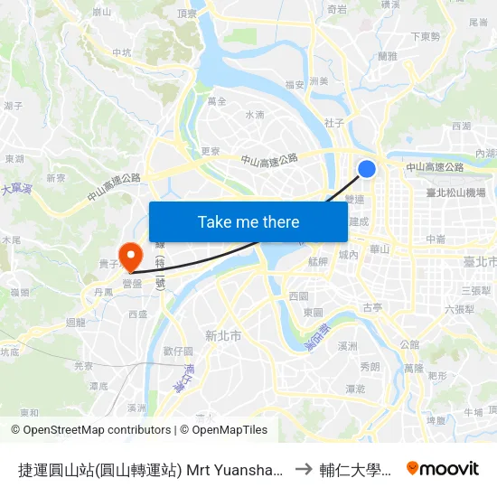 捷運圓山站(圓山轉運站) Mrt Yuanshan Station (Yuanshan Transfer Station) to 輔仁大學濟時樓JS119 map