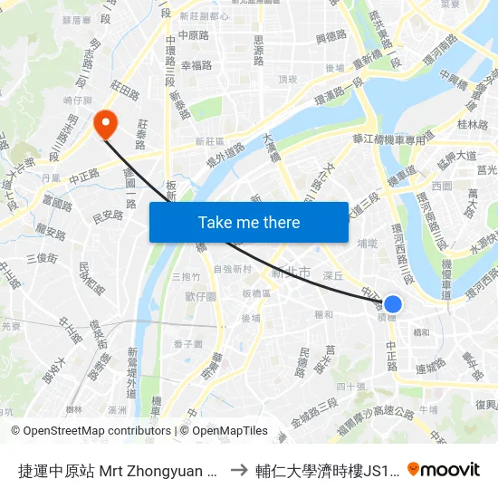 捷運中原站 Mrt Zhongyuan Sta. to 輔仁大學濟時樓JS119 map