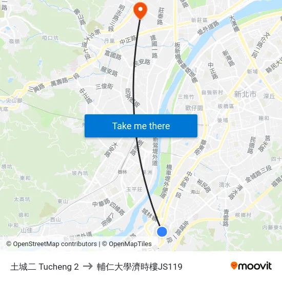 土城二 Tucheng 2 to 輔仁大學濟時樓JS119 map