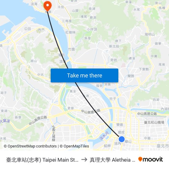 臺北車站(忠孝) Taipei Main Sta. (Zhongxiao) to 真理大學 Aletheia University map
