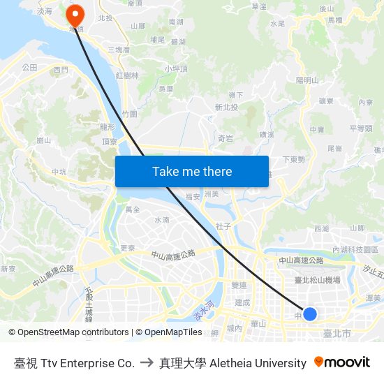 臺視 Ttv Enterprise Co. to 真理大學 Aletheia University map