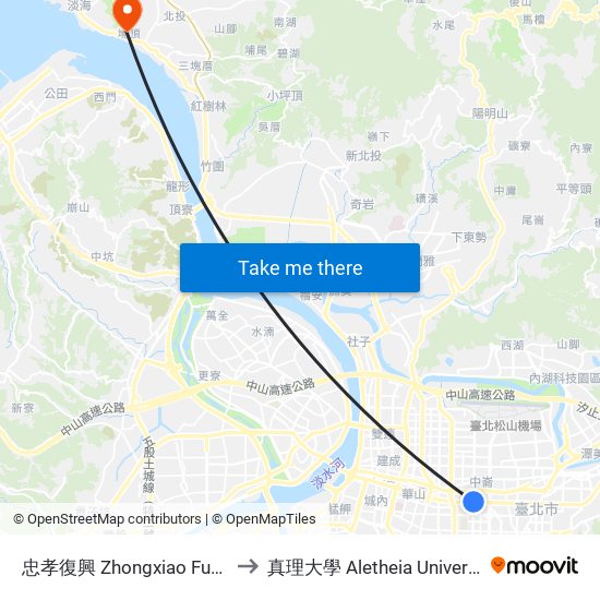 忠孝復興 Zhongxiao Fuxing to 真理大學 Aletheia University map