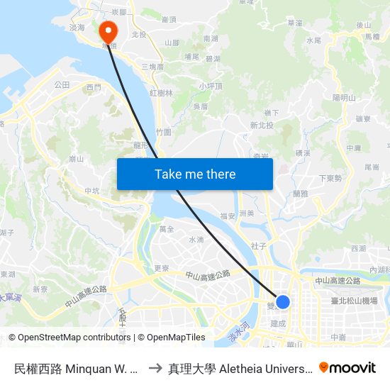 民權西路 Minquan W. Rd. to 真理大學 Aletheia University map