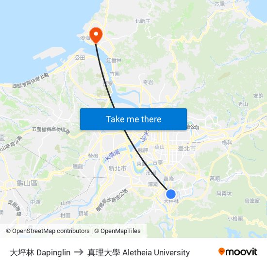 大坪林 Dapinglin to 真理大學 Aletheia University map