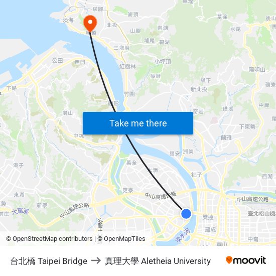 台北橋 Taipei Bridge to 真理大學 Aletheia University map