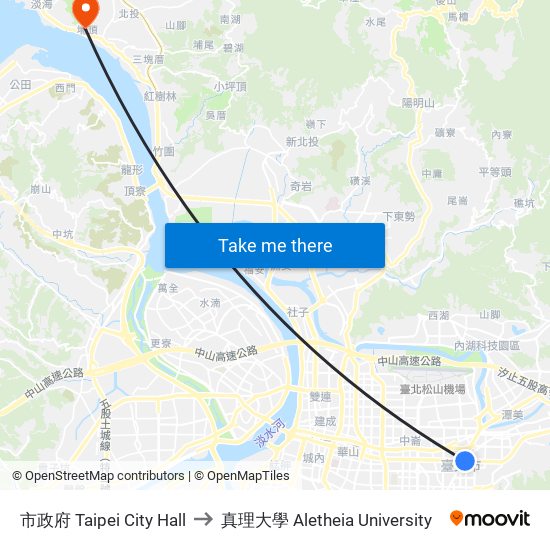 市政府 Taipei City Hall to 真理大學 Aletheia University map