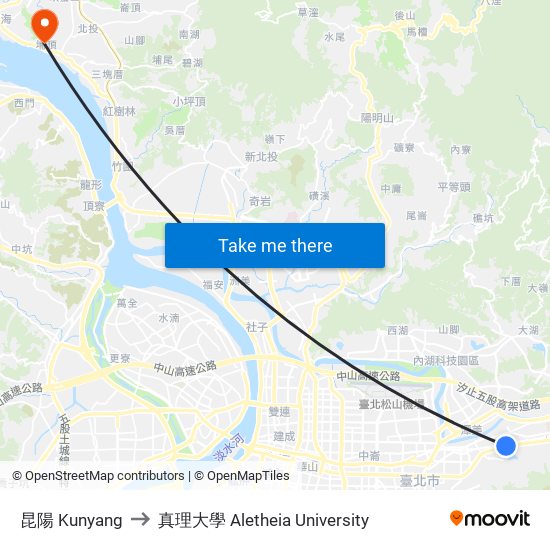 昆陽 Kunyang to 真理大學 Aletheia University map