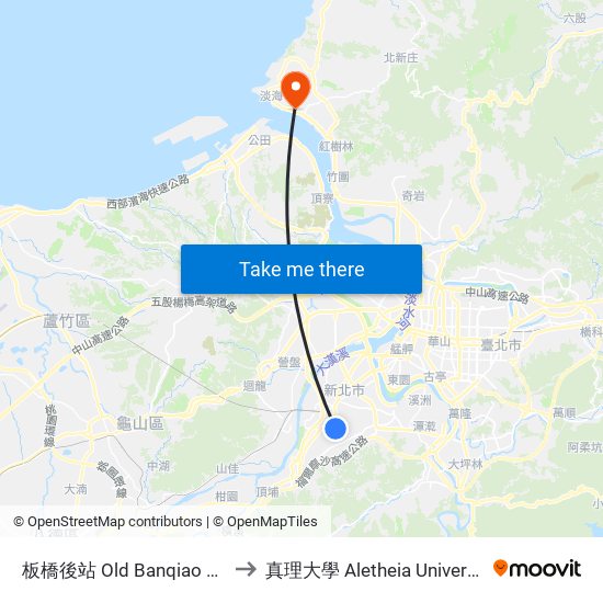 板橋後站 Old Banqiao Sta. to 真理大學 Aletheia University map