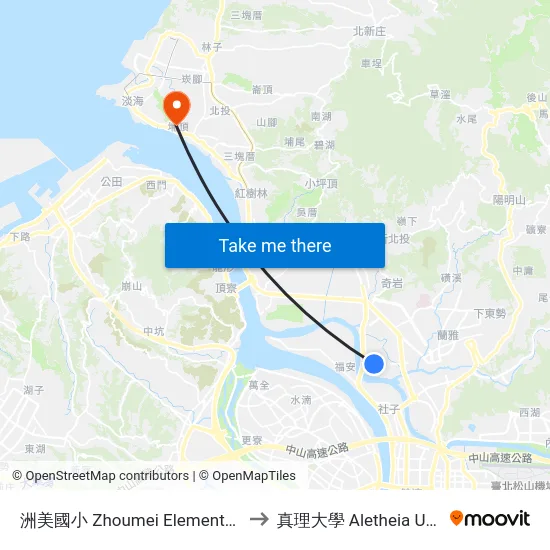 洲美國小 Zhoumei Elementary School to 真理大學 Aletheia University map