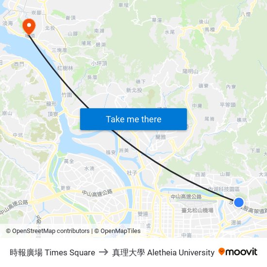 時報廣場 Times Square to 真理大學 Aletheia University map