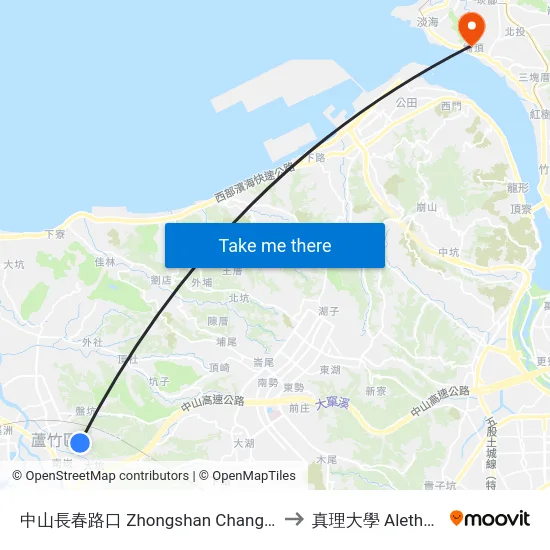 中山長春路口 Zhongshan Changchun Road Intersection to 真理大學 Aletheia University map