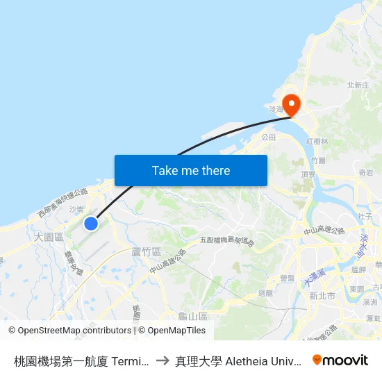 桃園機場第一航廈 Terminal 1 to 真理大學 Aletheia University map