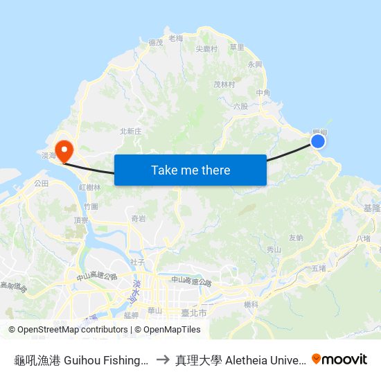 龜吼漁港 Guihou Fishing Port to 真理大學 Aletheia University map