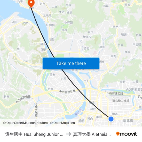懷生國中 Huai Sheng Junior High School to 真理大學 Aletheia University map