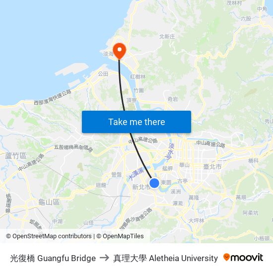光復橋 Guangfu Bridge to 真理大學 Aletheia University map