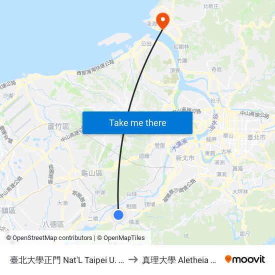臺北大學正門 Nat'L Taipei U. (Main Gate) to 真理大學 Aletheia University map