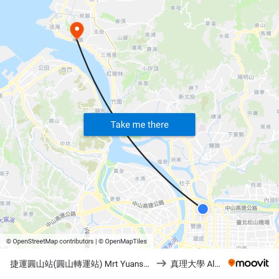 捷運圓山站(圓山轉運站) Mrt Yuanshan Station (Yuanshan Transfer Station) to 真理大學 Aletheia University map