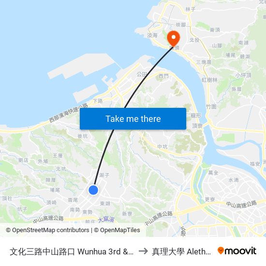 文化三路中山路口 Wunhua 3rd & Jhongshan Intersection to 真理大學 Aletheia University map