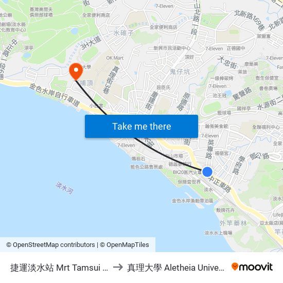 捷運淡水站 Mrt Tamsui Sta. to 真理大學 Aletheia University map