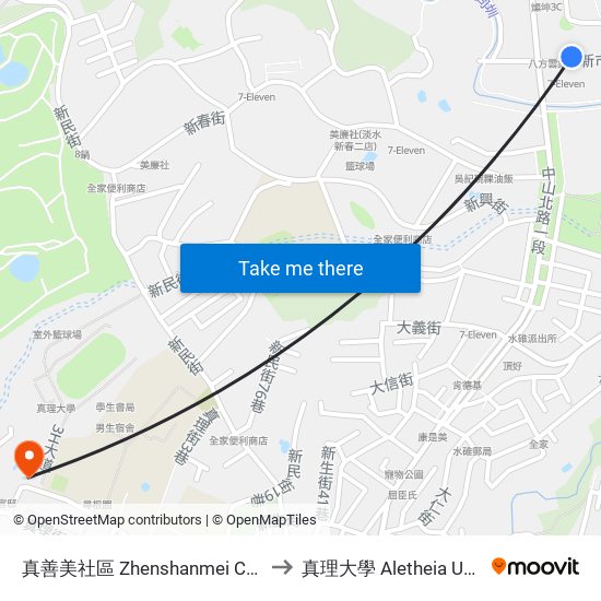 真善美社區 Zhenshanmei Community to 真理大學 Aletheia University map