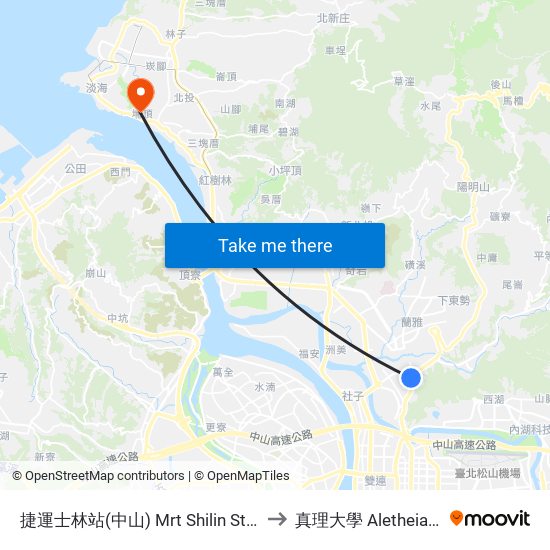 捷運士林站(中山) Mrt Shilin Sta. (Zhongshan ) to 真理大學 Aletheia University map