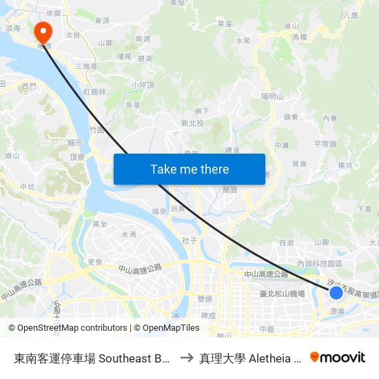 東南客運停車場 Southeast Bus Parking Lot to 真理大學 Aletheia University map