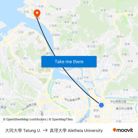 大同大學 Tatung U. to 真理大學 Aletheia University map