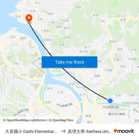 大直國小 Dazhi Elementary School to 真理大學 Aletheia University map