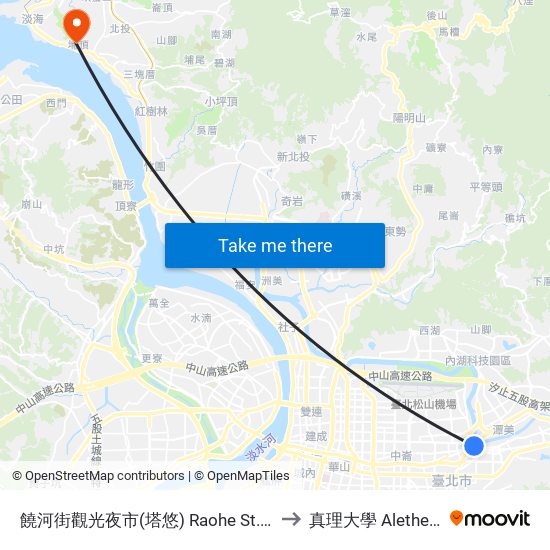 饒河街觀光夜市(塔悠) Raohe St. Night Market (Tayou) to 真理大學 Aletheia University map