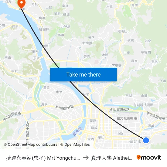 捷運永春站(忠孝) Mrt Yongchun Sta.(Zhongxiao) to 真理大學 Aletheia University map