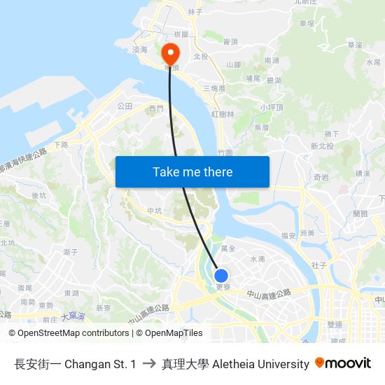 長安街一 Jhangan St. 1 to 真理大學 Aletheia University map