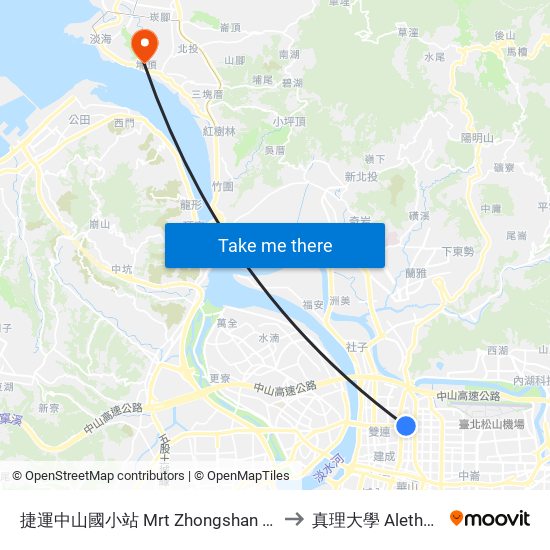 捷運中山國小站 Mrt Zhongshan Elementary School Sta. to 真理大學 Aletheia University map