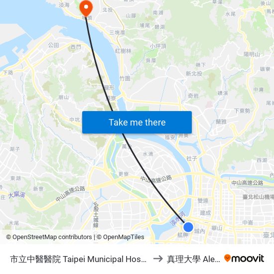 市立中醫醫院 Taipei Municipal Hospital Of Tradodional Chinese Medicine to 真理大學 Aletheia University map