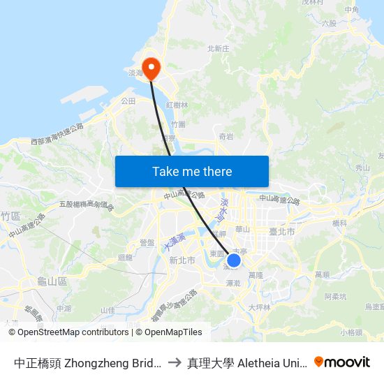 中正橋頭 Zhongzheng Bridge Stop to 真理大學 Aletheia University map