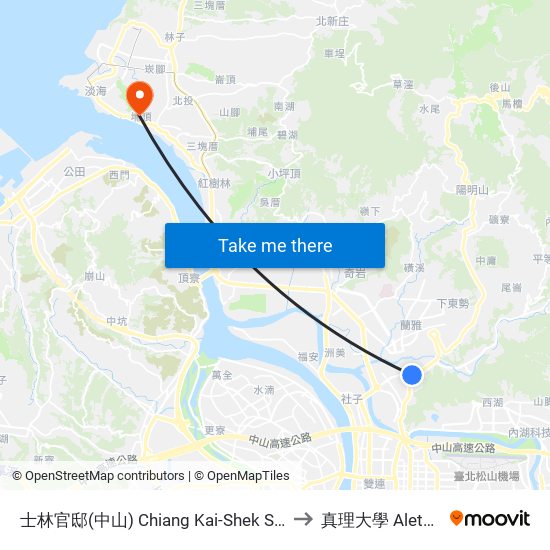 士林官邸(中山) Chiang Kai-Shek Shilin Residence (Zhongshan) to 真理大學 Aletheia University map