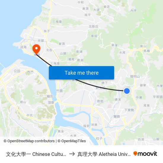 文化大學一 Chinese Culture U. 1 to 真理大學 Aletheia University map