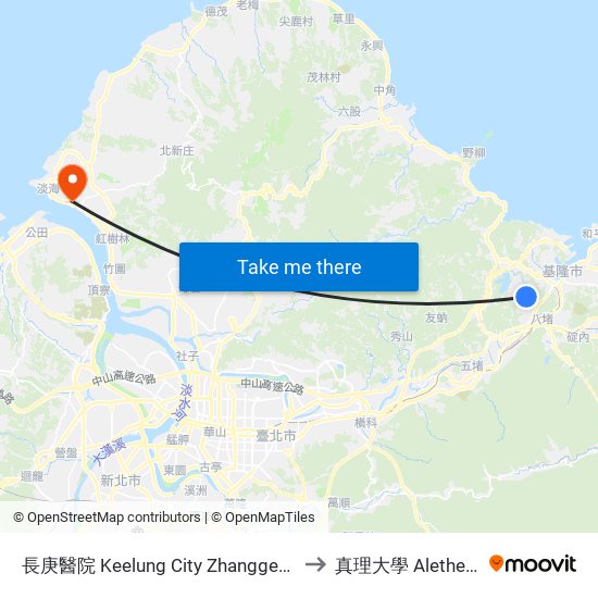 長庚醫院 Keelung City Zhanggeng Memorial Hospital to 真理大學 Aletheia University map