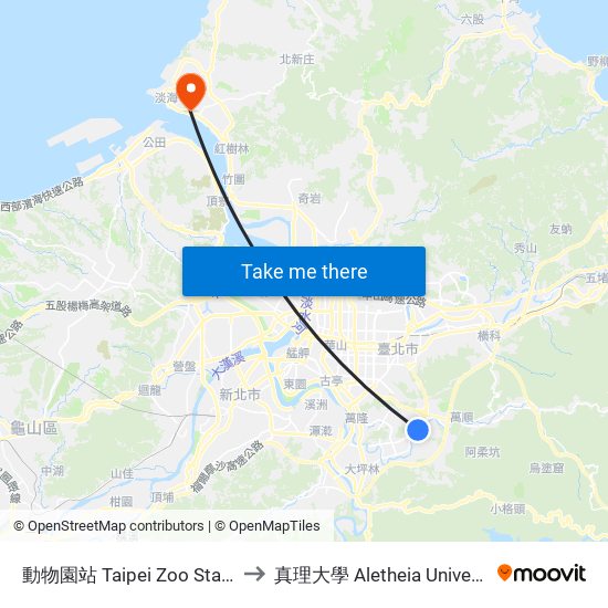 動物園站 Taipei Zoo Station to 真理大學 Aletheia University map