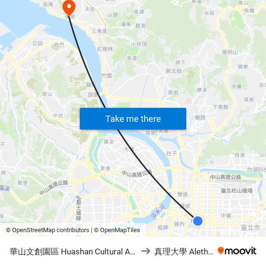 華山文創園區 Huashan Cultural And Creative Industries Park to 真理大學 Aletheia University map